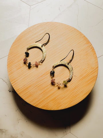 Crescent Rosary Chain Earring / Watermelon Tourmaline