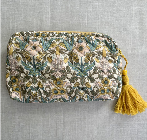 Floral Yellow Pattern Quilted Zip Pouch With Tassel 8.5"Lx5.5"H