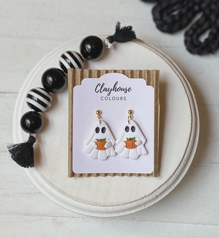Ghost and Orange Pumpkins To The Side Earrings
