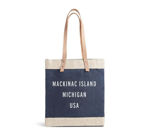 Navy Mackinac Island Long Handle Market Tote Bag With White Font
