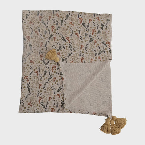 Woven Recycled Cotton Blend Printed Throw with Floral Pattern and Tassels Multicolors