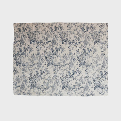 Cotton Chambray Printed Throw w/ Toile Pattern & Kantha Stitch BLue White