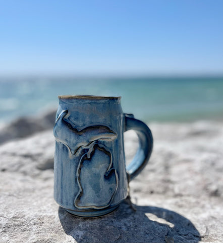 Tall Michigan Ceramic Mug Light Blue Acid Washed Blue Color
